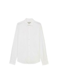 Camicia bianca a maniche lunghe realizzata in tessuto morbido, con colletto classico, chiusura a bottoni e maniche con polsini. Nessun motivo o decorazione visibile.