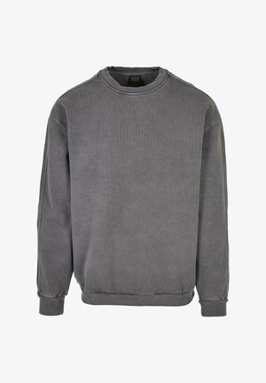 Gray sweatshirt in a soft, textured fabric. Features a crew neckline, long sleeves, and ribbed cuffs and hem. Minimal design with no patterns.