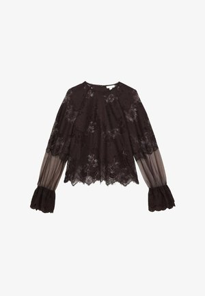 Črna čipkasta bluzka z dolgimi, prozornimi puf sleevami. Ima valovit rob in teksturirano blago s cvetličnimi vzorci. Okrogla izreza in zapiranje na hrbtu.