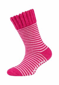 Roze gestreepte sok met een geribde boord, vervaardigd van textuurstof en met kleine witte grips op de zool voor extra grip.