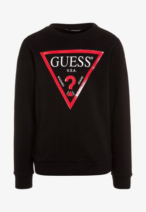 Sort sweatshirt med stort rødt trekantlogo med "GUESS U.S.A." og et rødt spørgsmålstegn centreret på brystet.