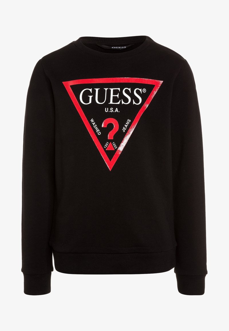 Sweat-shirt noir avec un grand logo triangle rouge affichant "GUESS U.S.A." et un point d'interrogation rouge centré sur la poitrine.