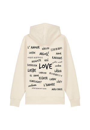 Hoodie crème avec des textes "amour" divers dans différentes langues imprimés en noir, avec une capuche à cordon et des manches longues.