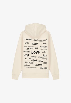 Hoodie crème avec des textes "amour" divers dans différentes langues imprimés en noir, avec une capuche à cordon et des manches longues.
