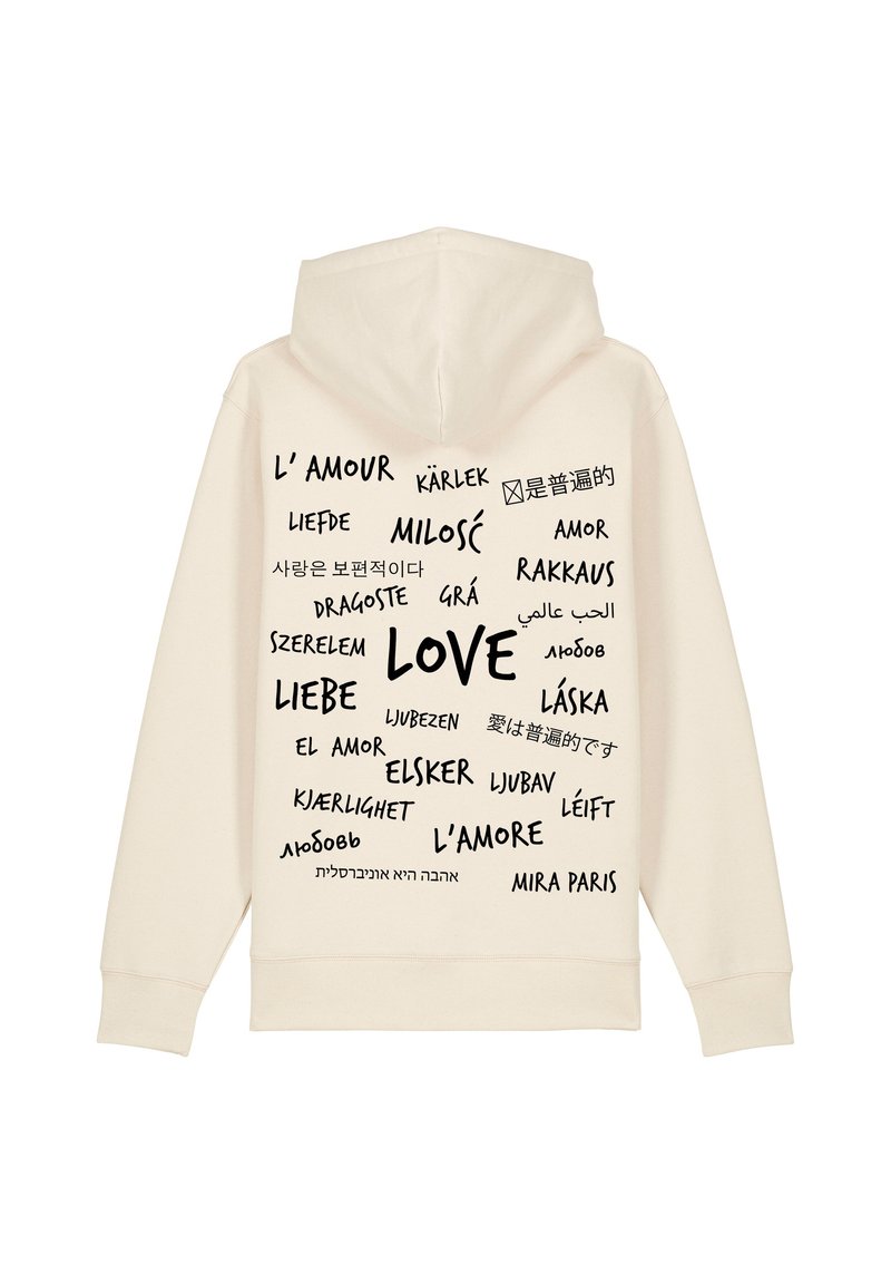 Felpa color crema con cappuccio e maniche lunghe, decorata con testi "amore" in diverse lingue stampati in nero.