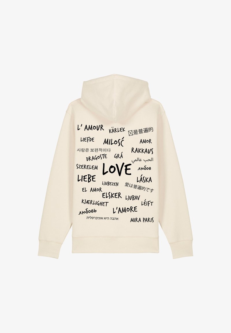 Felpa color crema con cappuccio e maniche lunghe, decorata con testi "amore" in diverse lingue stampati in nero.
