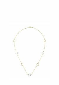 Collar de cadena en tono dorado que presenta anillos redondos alternos en plata y oro, con cierre de langosta. Textura suave en toda su superficie.