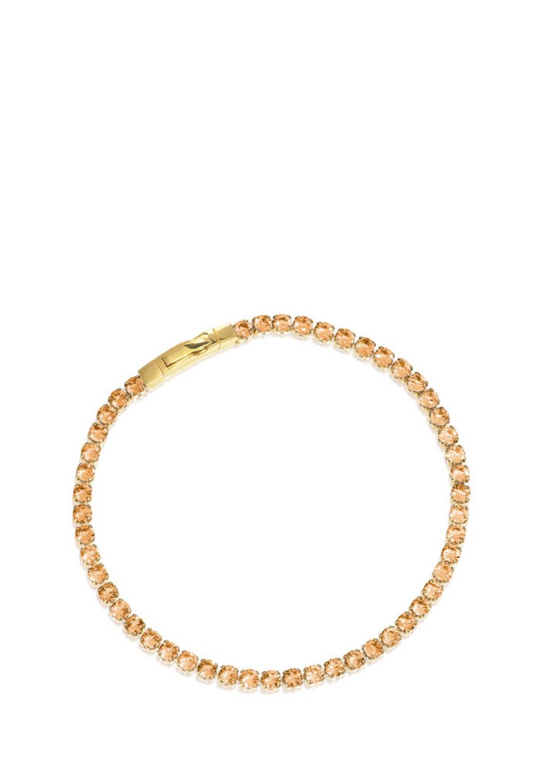 Bracelet en or rose avec des cristaux ronds et facettés de pêche clair, sécurisé par un fermoir en or, présentant un design lisse et flexible.