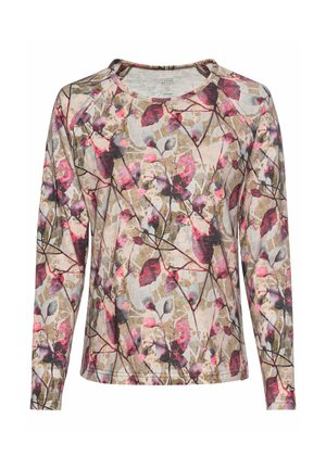 T-shirt à manches longues en tissu doux, orné d'un motif floral avec des feuilles roses et violettes sur fond beige, col rond et coupe décontractée.