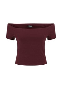 Burgundská, žebrovaná top s odhalenými rameny, krátkým rukávem a přiléhavým střihem. Má rovný výstřih a těsný střih.