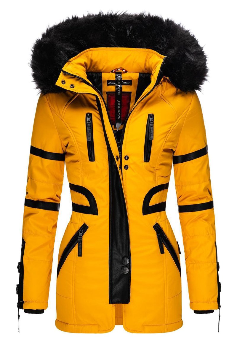 Yellow puffer jacket with black accents, a faux fur hood, zippered pockets, and a fitted silhouette, featuring sleek lines and texture contrasts.