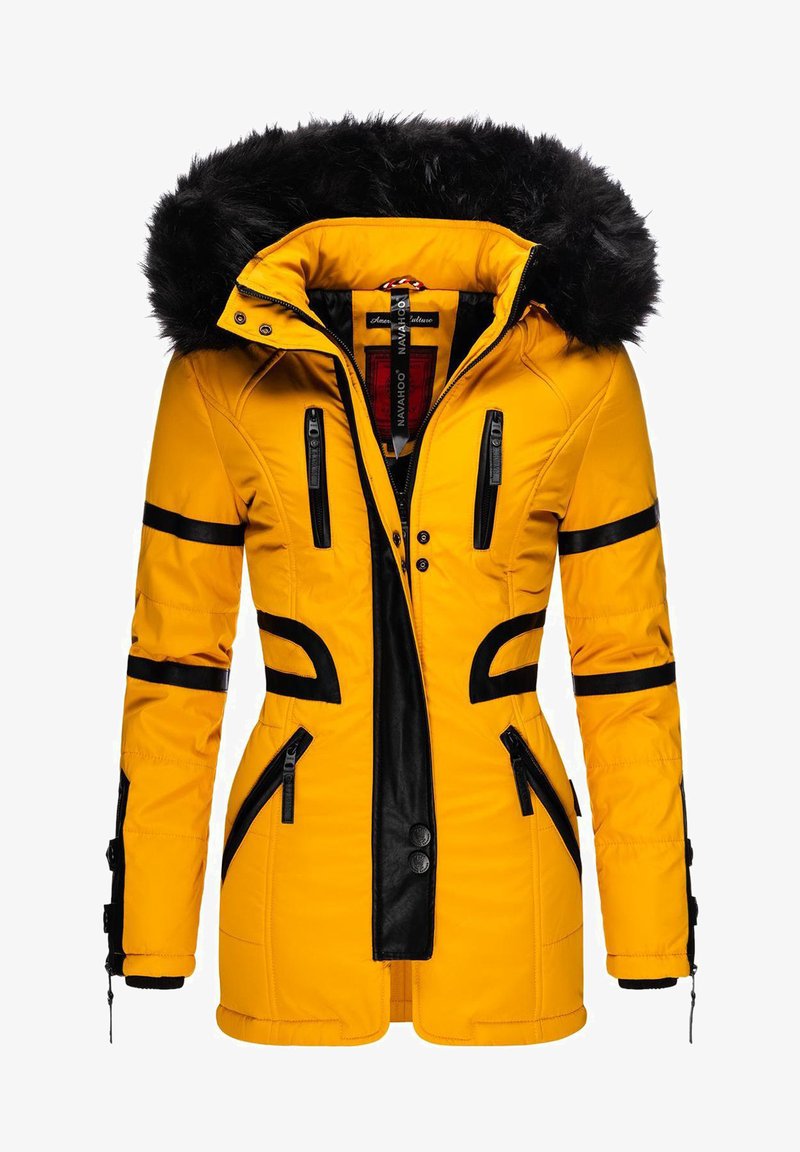 Yellow puffer jacket with black accents, a faux fur hood, zippered pockets, and a fitted silhouette, featuring sleek lines and texture contrasts.
