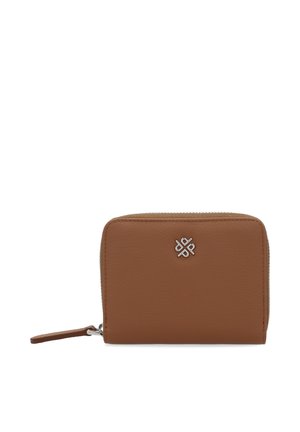 Brown leather wallet with a textured finish, zip closure, side strap, and a silver logo emblem on the front. Compact rectangular design.