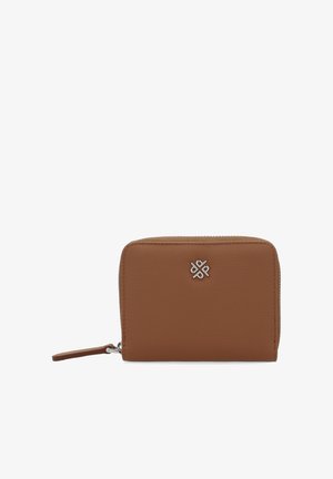 Brown leather wallet with a textured finish, zip closure, side strap, and a silver logo emblem on the front. Compact rectangular design.