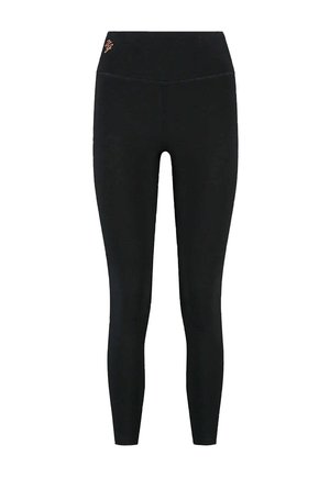 Schwarze Leggings mit hohem Bund, gefertigt aus elastischem Material. Verfügen über minimale Nähte und ein kleines Logo in der Nähe des Bundes.