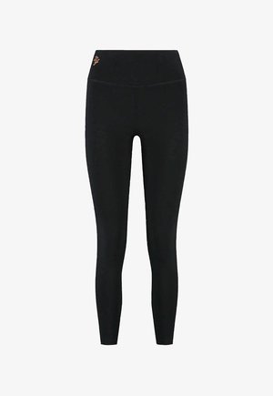 Schwarze Leggings mit hohem Bund, gefertigt aus elastischem Material. Verfügen über minimale Nähte und ein kleines Logo in der Nähe des Bundes.