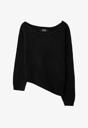 Crni džemper s otkrivenim ramenima, opuštenog kroja, s rebrastim rukavima i skraćenim dizajnom. Napravljen od mekog, teksturiranog materijala. Unutarnja etiketa vidljiva.