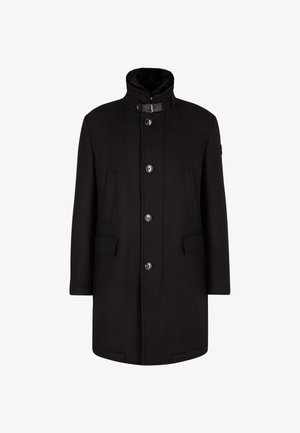 Schwarzer Wollmischmantel mit hohem Kragen, fünf vorderen Knöpfen, zwei seitlichen Taschen und strukturiertem Finish. Verfügt über ein weiches Futter.