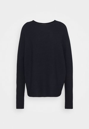 Pull noir à manches longues avec col rond, au design simple et ajusté, avec des poignets côtelés, présenté sur un fond blanc uni.
