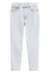 Jean bleu clair taille haute à jambes droites, avec bouton et fermeture éclair à l'avant, passants de ceinture et design à cinq poches.