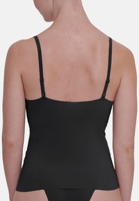 Black sleeveless top with thin straps, smooth texture, and a fitted design. Features a straight back and a mid-length cut. No patterns or accents.