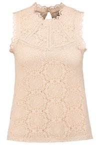 Haut sans manches beige en dentelle crochetée avec bords festonnés, col montant et fermeture à boutons dans le dos.