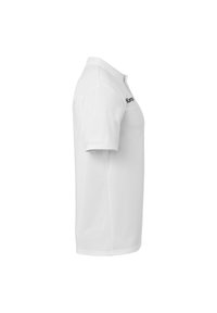 Witte korte mouwen polo shirt, gemaakt van gladde stof, met een kraag en een zwart logo aan de linkerkant. Rechte snit en gestikte zoom.
