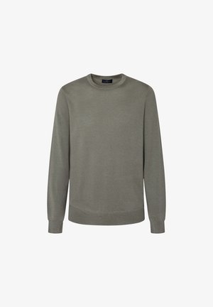 Gray long-sleeve sweater with a crew neckline, made from a soft material. Features ribbed cuffs and hem. Simple, unembellished design.