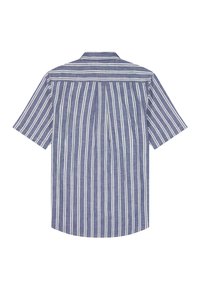 Μπλε πουκάμισο με κοντά μανίκια και λευκές κάθετες και οριζόντιες ρίγες, εμφανίζεται από πίσω σε λευκό φόντο.