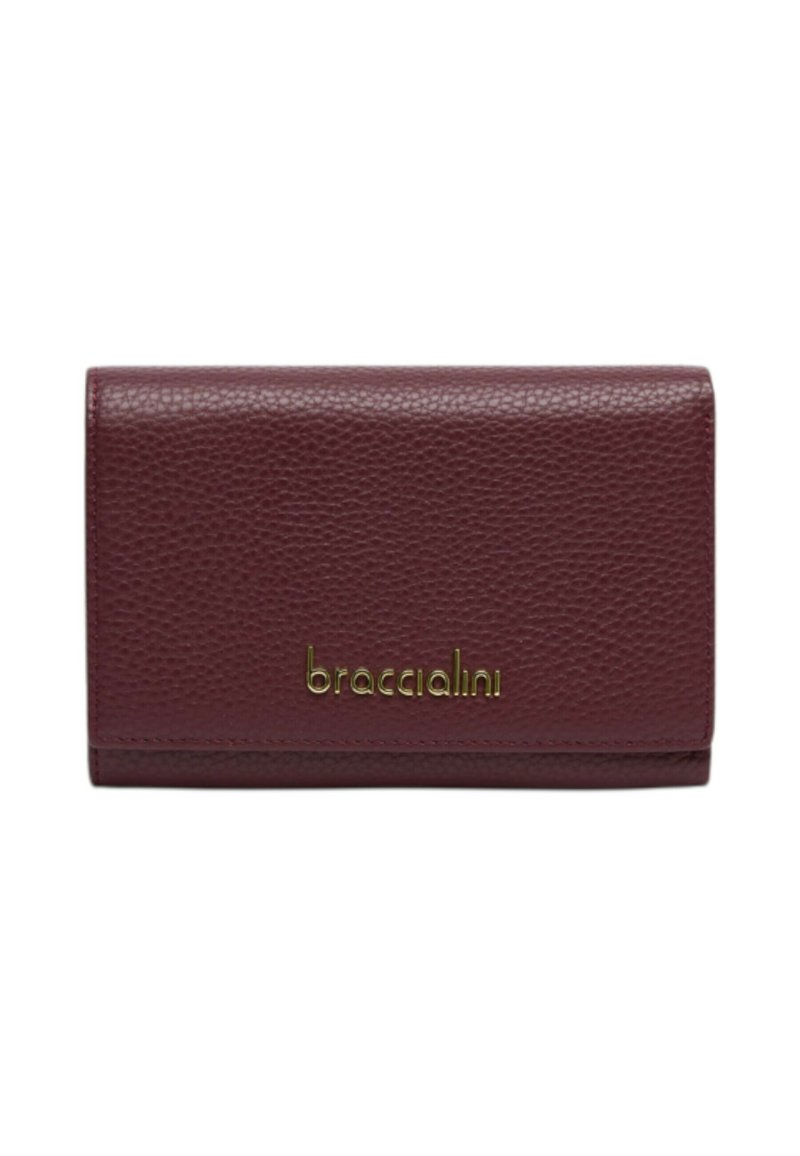 Portafoglio in pelle burgundy scuro con finitura testurizzata, caratterizzato da un dettaglio logo dorato. Forma rettangolare e design sottile.