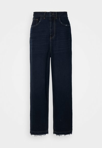 Dark blue denim jeans with a high waist, straight leg design, five pockets, and frayed hems. Contrast stitching throughout.