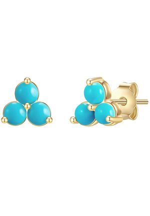 Boucles d'oreilles clous en or, chacune avec un ensemble triangulaire de trois pierres turquoises rondes aux surfaces lisses et polies.