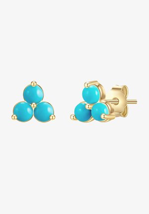 Boucles d'oreilles clous en or, chacune avec un ensemble triangulaire de trois pierres turquoises rondes aux surfaces lisses et polies.