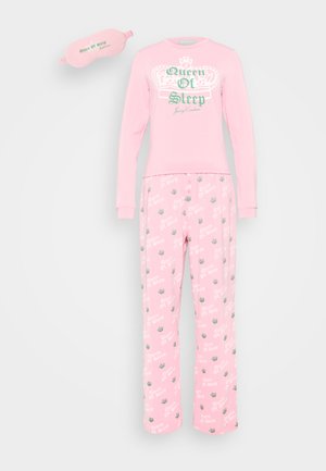 Pink pajama set with long-sleeve top featuring "Queen Of Sleep" graphic and matching pants with a crown pattern. Includes sleep mask.