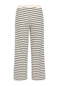Pantalons larges rayés avec un design noir et blanc, fabriqués en tissu doux, dotés d'une taille élastique pour plus de confort.
