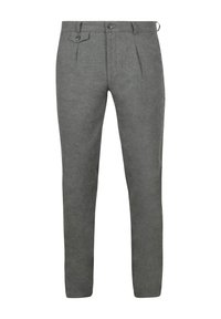 Grijze wollen broek met een tailored fit, voorzien van plooien aan de voorkant, twee zijzakken, een knoopsluiting en een gladde textuur.