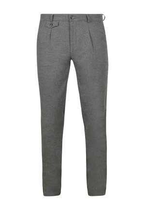 Graue Wollhose mit taillierter Passform, mit vorderen Falten, zwei seitlichen Taschen, einem Knopfverschluss und einer glatten Textur.