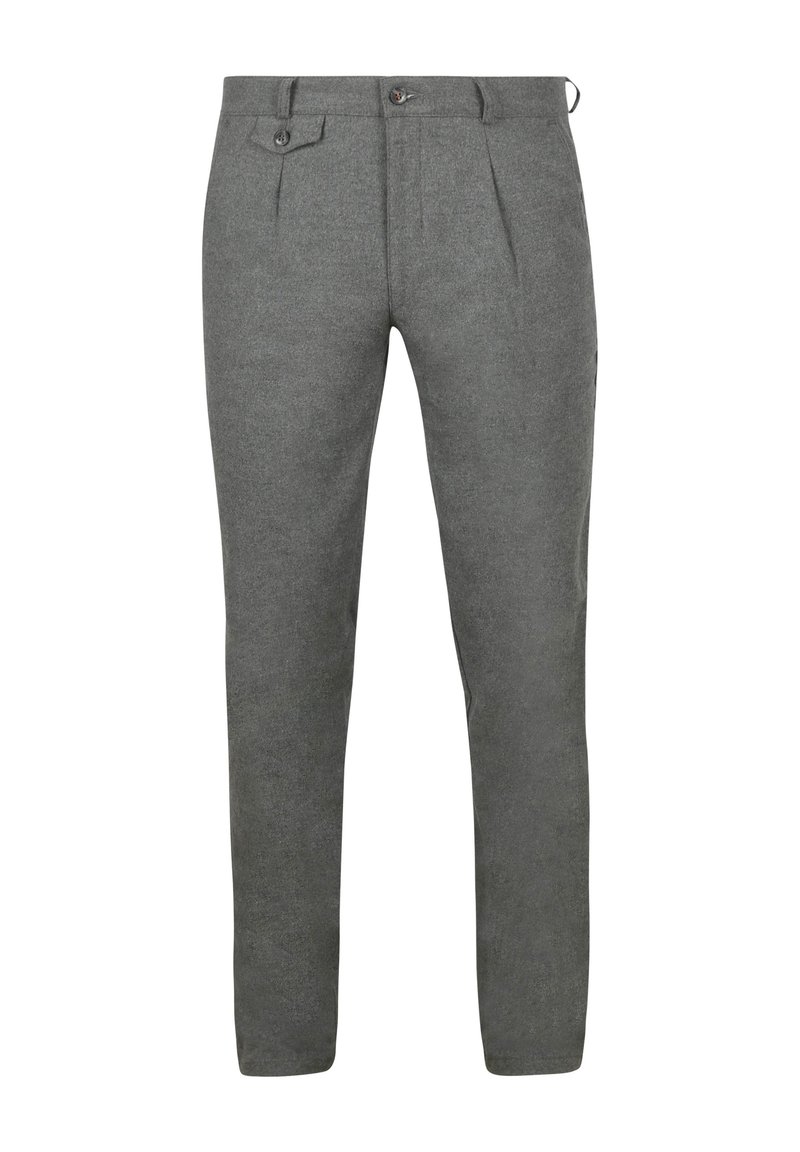 Grijze wollen broek met een tailored fit, voorzien van plooien aan de voorkant, twee zijzakken, een knoopsluiting en een gladde textuur.