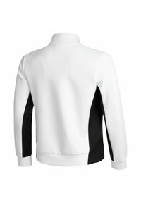 Giacca da uomo bianca e nera, con colletto alla coreana, maniche lunghe e una texture liscia e raffinata con pannelli laterali a contrasto.