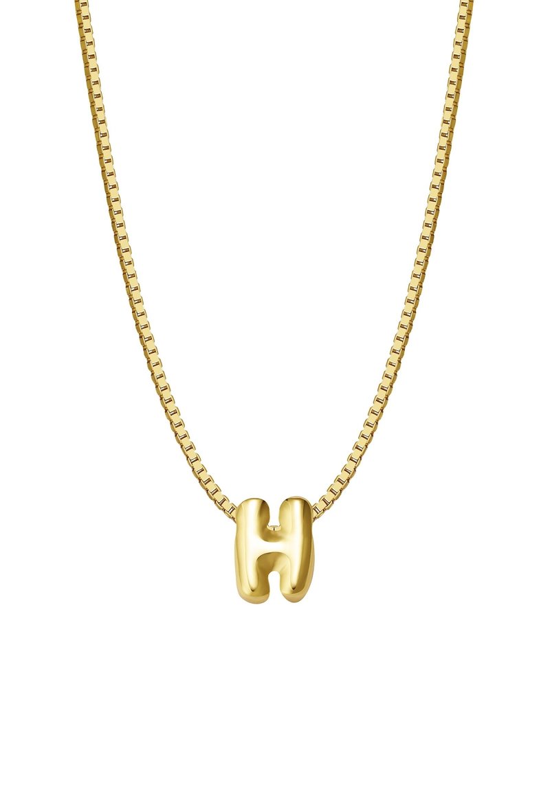 Kuldne kaelakee, millel on silmapaistev, tekstureeritud tähte "H" ripats, kus on sujuv ja läikiv viimistlus ning ruudukujuline linkide disain.