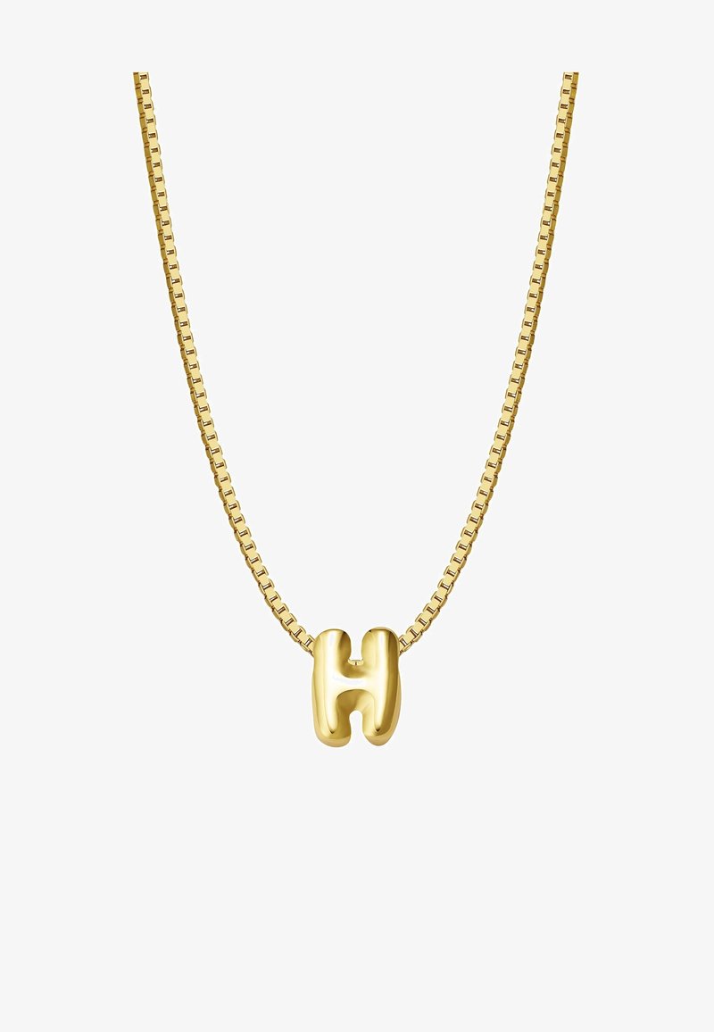 Kuldne kaelakee, millel on silmapaistev, tekstureeritud tähte "H" ripats, kus on sujuv ja läikiv viimistlus ning ruudukujuline linkide disain.