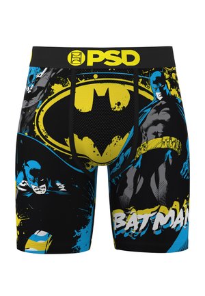 Sorte boxershorts med gul PSD-logo taljebånd, med stort gult Batman-emblem og flere blå og sorte Batman-illustrationer.