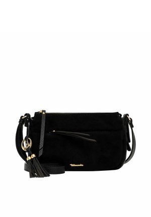 Sort ruskind crossbody taske med lynlåslomme foran, frynse detaljer, justerbar rem og guldfarvet logo og hardware accenter.