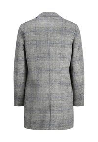 Harmaa ruudullinen bleiseri, jossa on teksturoitu kangas ja sininen ruutukuosi, yksittäinen halkio takana ja notkolla oleva kaulus.