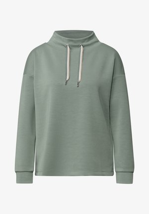 Mátově zelená mikina s vysokým límcem, šňůrkami a dlouhými rukávy. Vyrobena z měkké, hladké látky s žebrovanými manžetami.