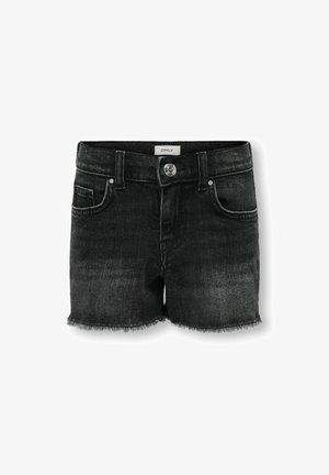 Črni denim kratki hlače z razfrkanim robom, obliko s petimi žepi, sprednjim gumbom in rahlim zbledeljem. Narejene so iz mešanice bombaža.