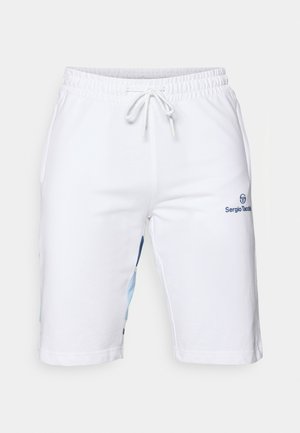 Weiße Shorts mit elastischem Bund und Kordelzug, ausgestattet mit blauen und hellblauen Seitenpaneelen sowie Logodetails in Marineblau. Aus weichem Baumwollmaterial.