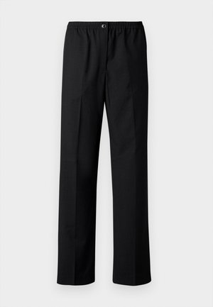 Pantalons noirs à coupe droite, avec une taille élastique et une fermeture à bouton. Fabriqués à partir d'un tissu tissé avec une texture lisse.