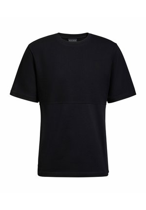 Czarny krótki rękaw T-shirt wykonany z prążkowanej tkaniny. Posiada okrągły dekolt i poziome przeszycie na wysokości klatki piersiowej.