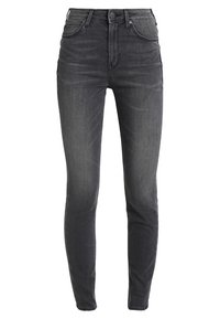 Smala jeans i mörkgrå denim med hög midja, klassisk femfickdesign och minimal sömnad för en stilren look.